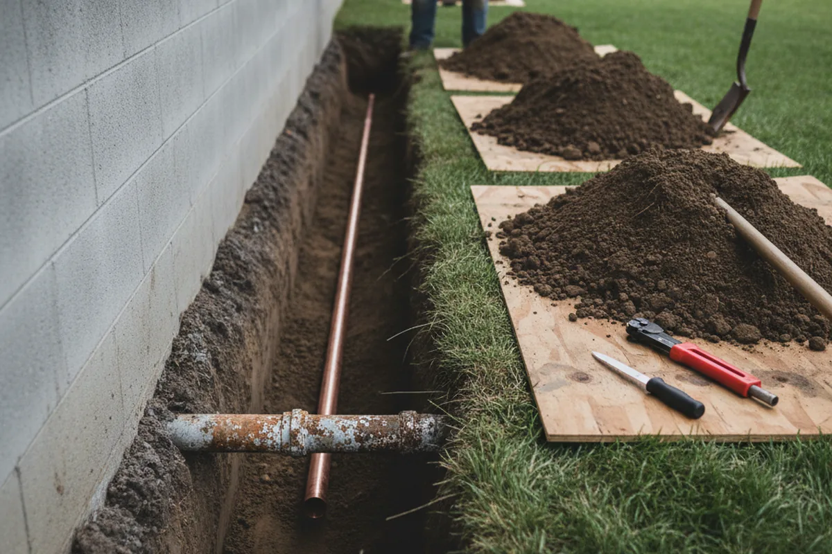 Excavated water line trench during Sewer Line Repair in Nobleton